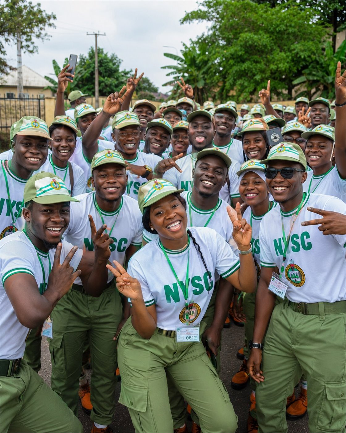 A cheerful group of Nigerian NYSC corps members together outdoors